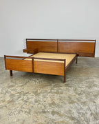 MID-CENTURY DOUBLE HEADBAORD WITH ATTACHED PEDESTALS & BASE