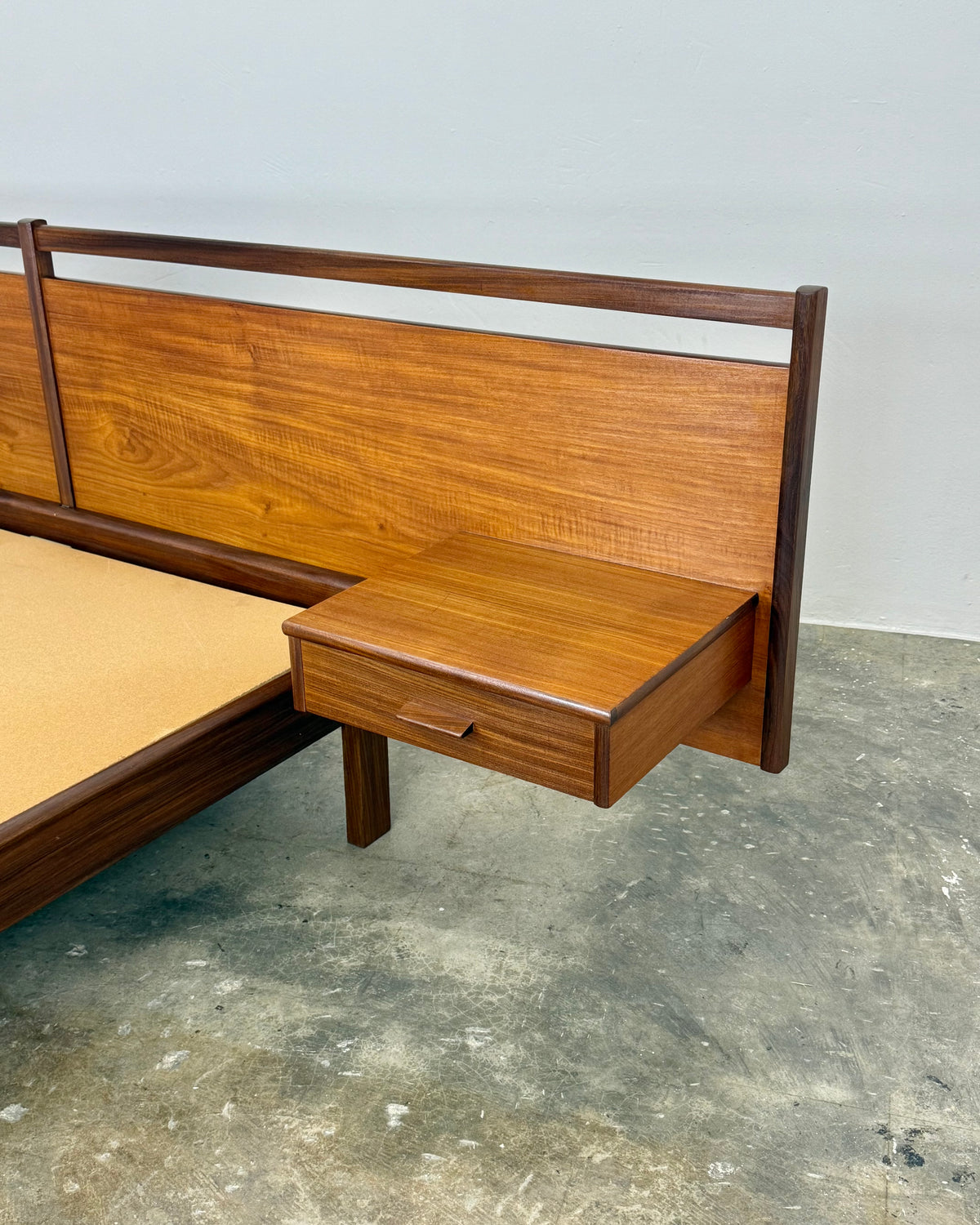 MID-CENTURY DOUBLE HEADBAORD WITH ATTACHED PEDESTALS & BASE