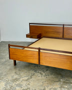 MID-CENTURY DOUBLE HEADBAORD WITH ATTACHED PEDESTALS & BASE